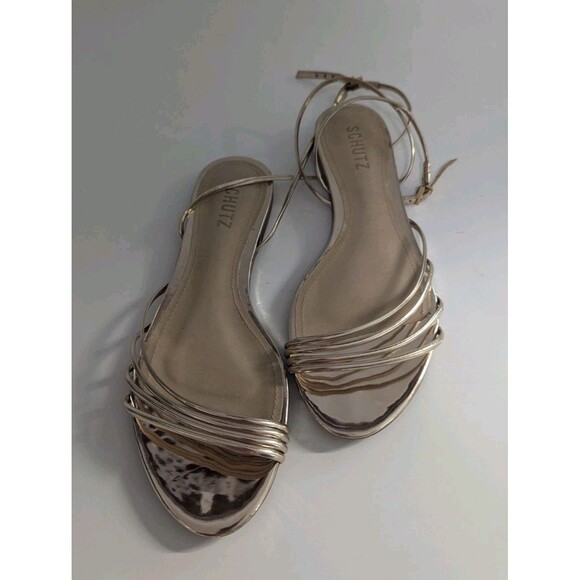 Schultz Inez Ankle Strap Sandal Size US 8.5 B Platina Gold Metallic Flat - Picture 9 of 10